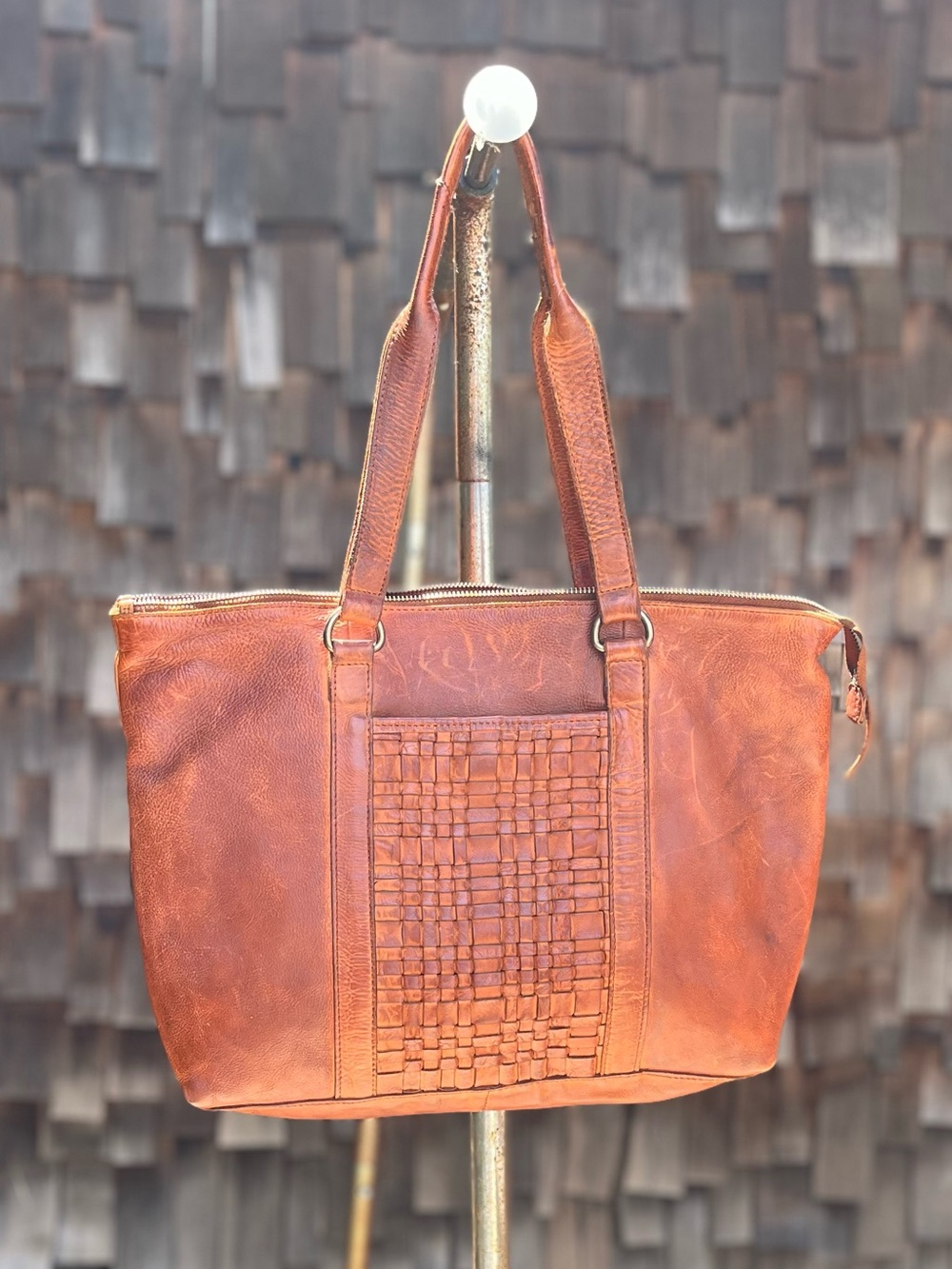 VILENCA  HOLLAND Woven Front Leather Tote Bag - Cognac Brown